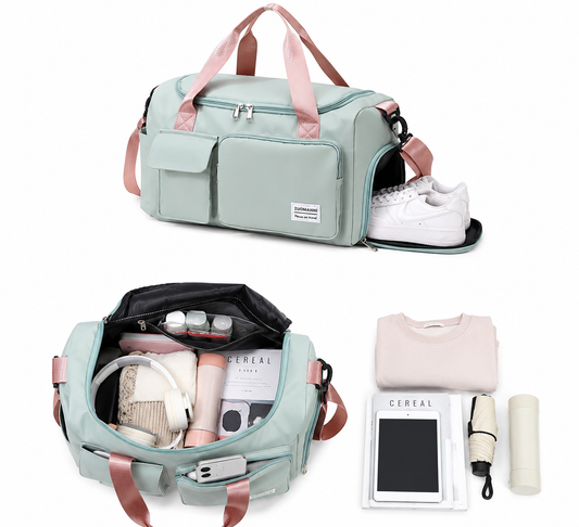 Foldable Duffle Bag Nylon Mint Lavender For Travel and Events/Foldable Travel Duffle Bag – Waterproof Gym & Weekend Carry Bag with Shoe Compartment (Mint Green & Lavender) | Cash on Delivery Available