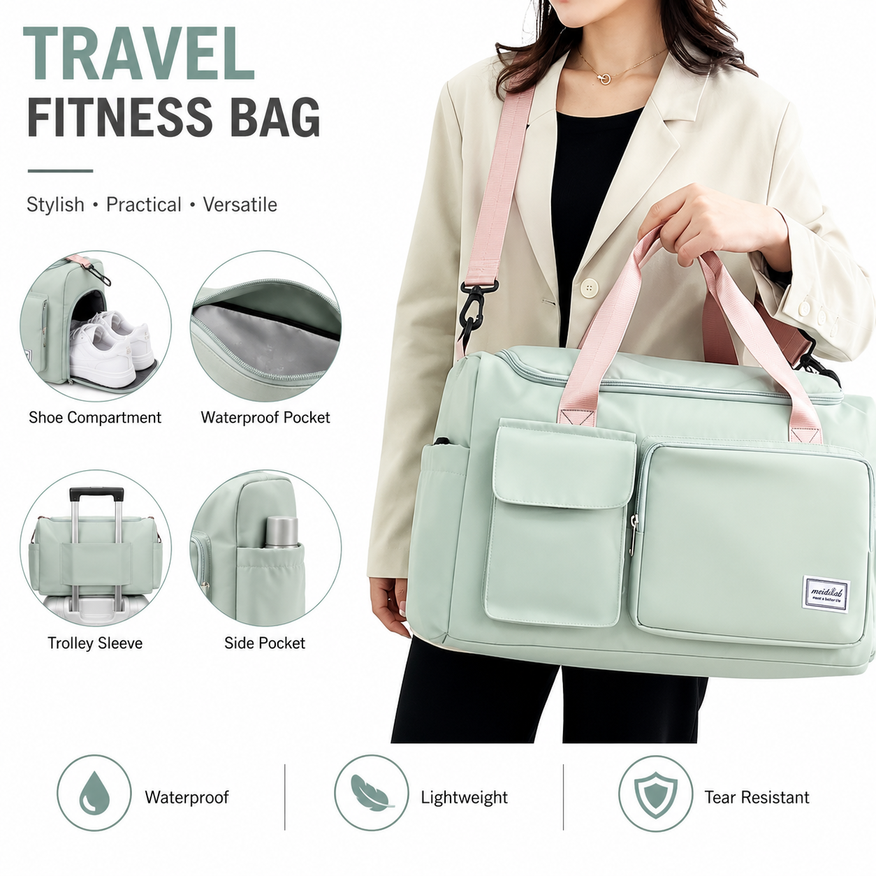 Foldable Duffle Bag Nylon Mint Lavender For Travel and Events/Foldable Travel Duffle Bag – Waterproof Gym & Weekend Carry Bag with Shoe Compartment (Mint Green & Lavender) | Cash on Delivery Available