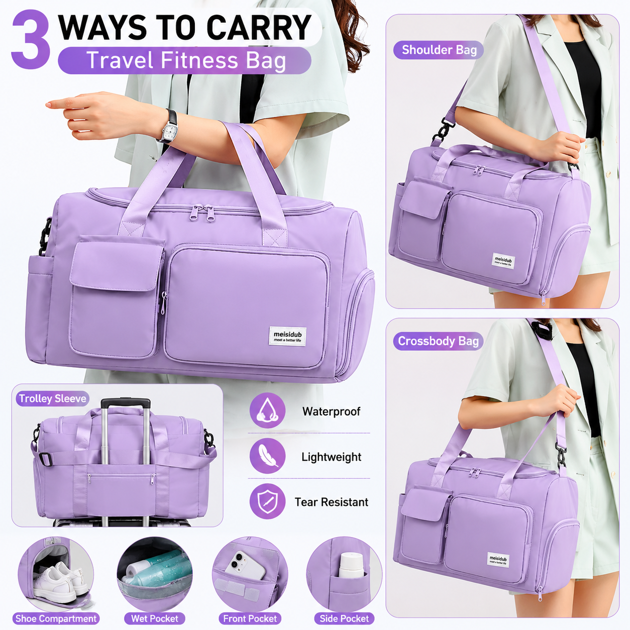 Foldable Duffle Bag Nylon Mint Lavender For Travel and Events/Foldable Travel Duffle Bag – Waterproof Gym & Weekend Carry Bag with Shoe Compartment (Mint Green & Lavender) | Cash on Delivery Available