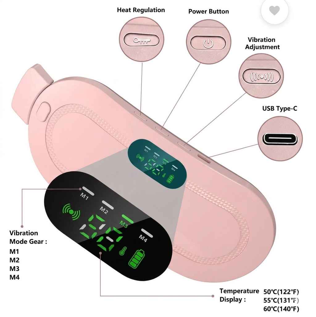 Portable Menstrual Heating Pad Belt for Women – Electric Period Pain Relief Massager with 3 Heat Levels & 4 Massage Modes - With Box