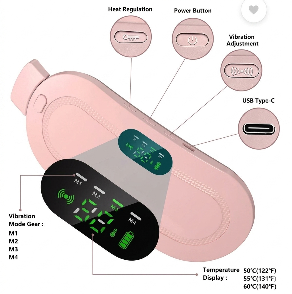 Portable Menstrual Heating Pad Belt for Women – Electric Period Pain Relief Massager with 3 Heat Levels & 4 Massage Modes - With Box