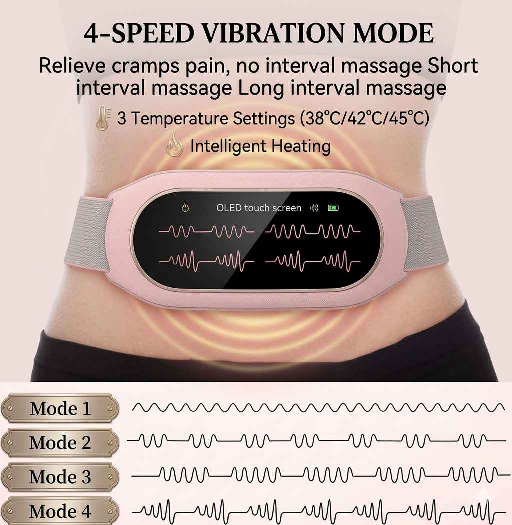 Portable Menstrual Heating Pad Belt for Women – Electric Period Pain Relief Massager with 3 Heat Levels & 4 Massage Modes - With Box